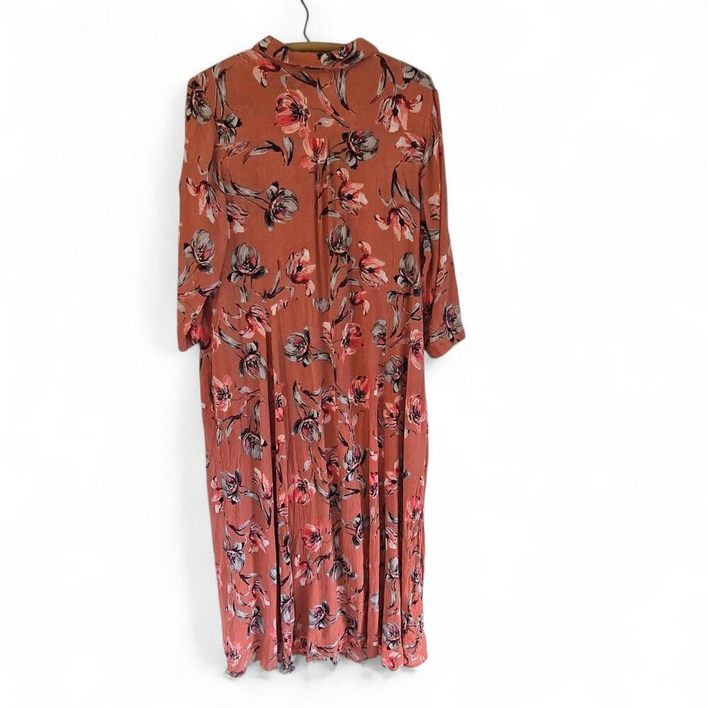 Woman Within Dark Peach Floral Print Dress 22W Roll Tab Sleeves Button Front - Picture 6 of 14
